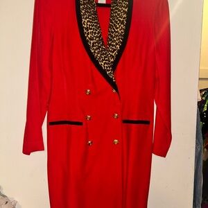 Vintage Red Blazer with Leopard Trim